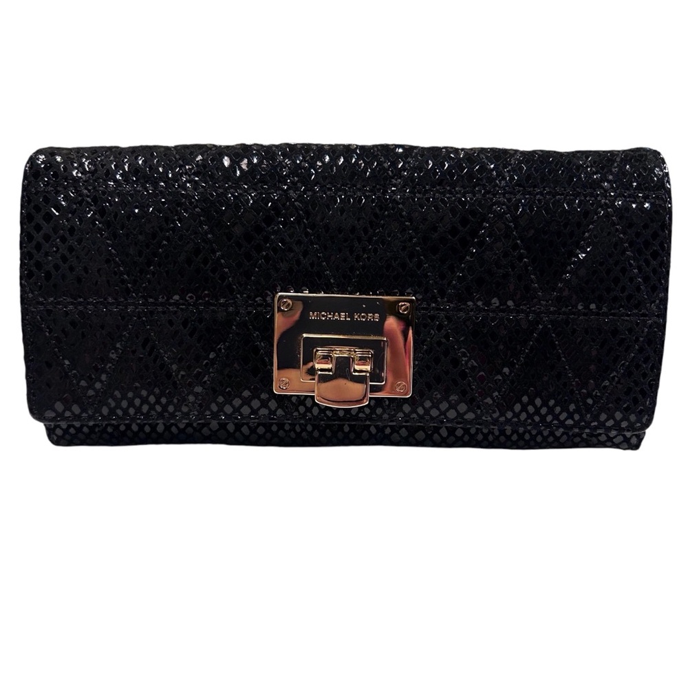 Michael Kors black quilted leather long wallet. Black/Gold Vivianne Glitter.